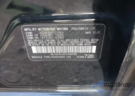 2015 Mitsubishi Mirage De z USA, uszkodzony, nr VIN ML32A3HJ8FH046998